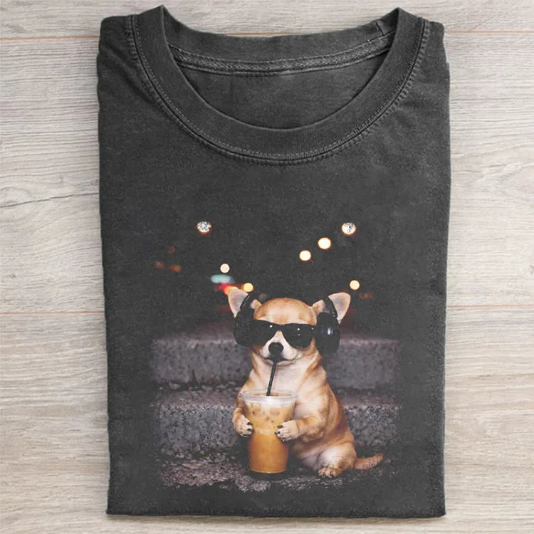 Earphone Chihuahua Dog Drinking Iced Coffee T-shirt