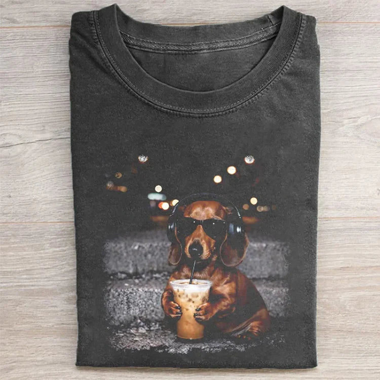 Earphone Dachshund Dog Drinking Iced Coffee T-shirt