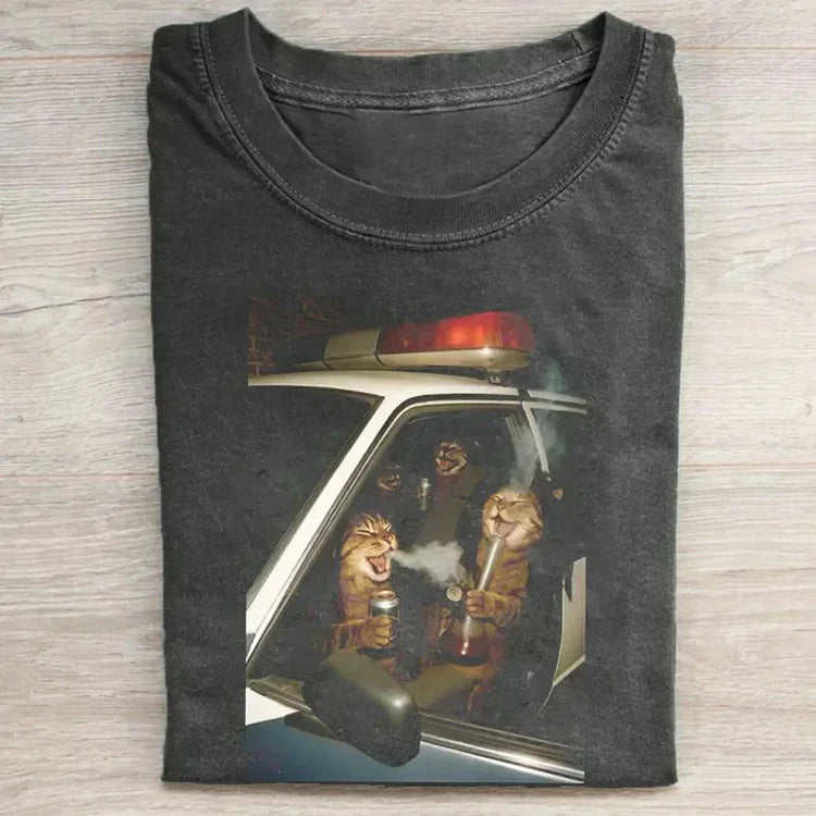 Cat Police Car Pattern Graphics T-shirt