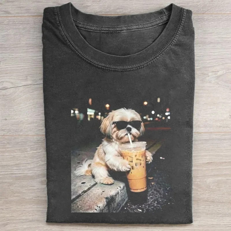Shih Tzu Dog Drinking Iced Coffee T-shirt