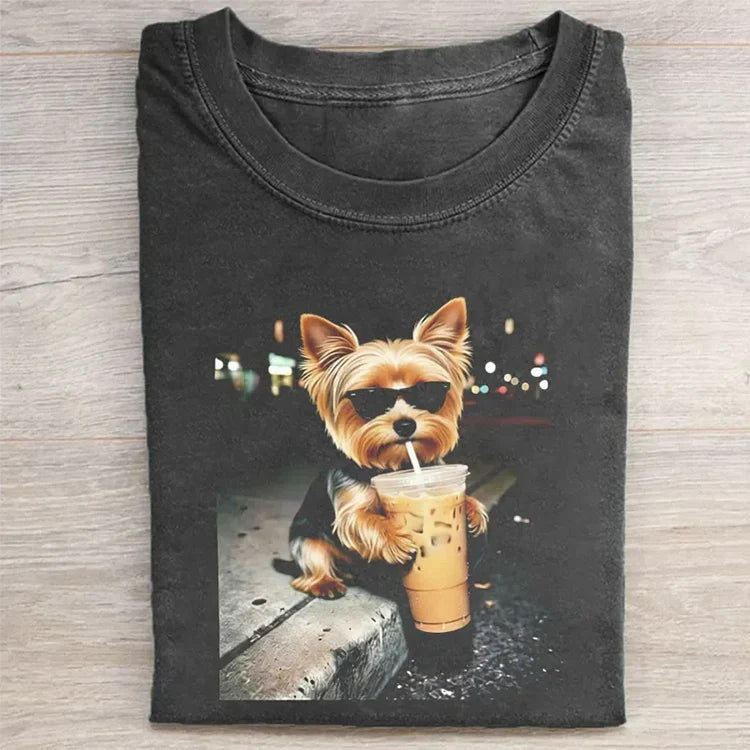 Yorkie Dog Drinking Iced Coffee T-shirt