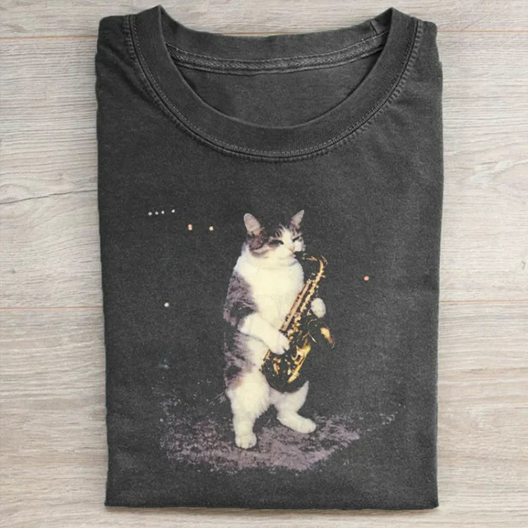 Cat Playing Saxophone Graphic T-shirt