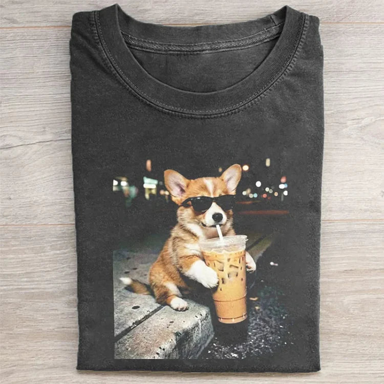 Corgi Dog Drinking Iced Coffee T-shirt