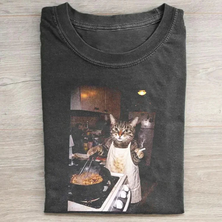 Funny Cooking Cat Meme Graphic T-shirt